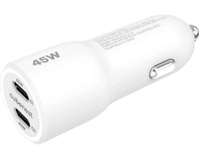 Adaptér do auta CubeNest E2C0 - 45W PD, 2xUSB-C - biely