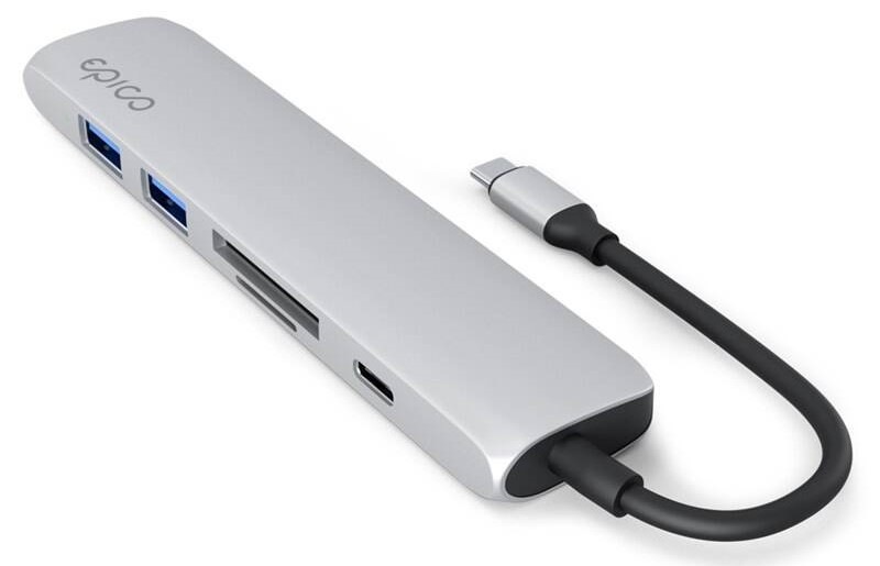 USB Hub Epico 6in1 Slim 8K USB-C/1×USB-C, HDMI, 3× USB 3.0 - strieborný