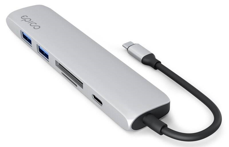 USB Hub Epico 6in1 Aluminium 8K USB-C / 1× USB-C, 2× USB 3.0, HDMI, microSD, SD - strieborný