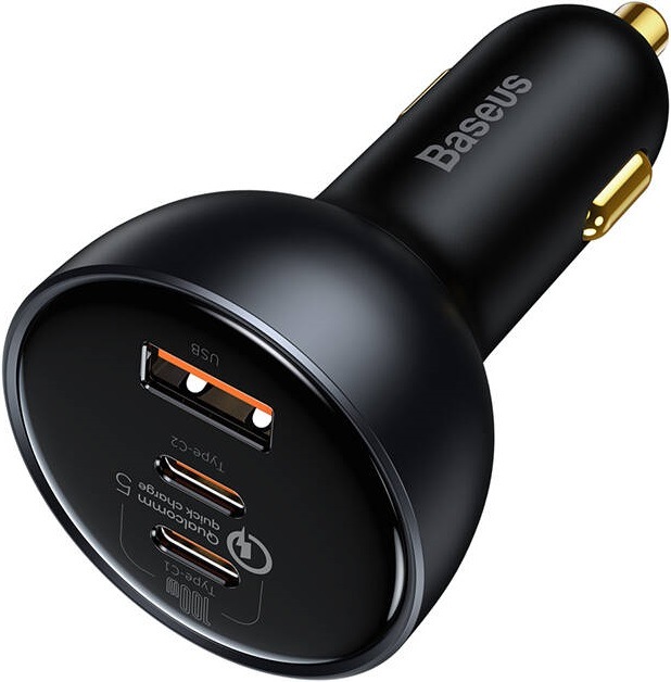 Adaptér do auta Baseus QC 5, 1x USB, 2x USB-C 160W + kabel USB-C 100W 1m (TZCCZM-0G) černý