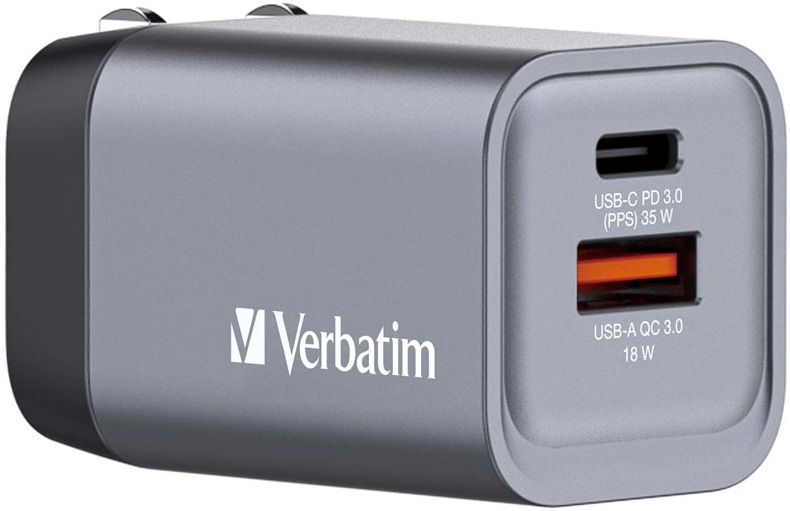 Verbatim GNC-35 GaN, 35 W, 1-krát USB-C PD 35 W, 1-krát USB-A QC 3.0, strieborná