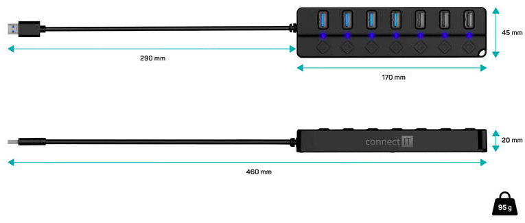 USB Hub Connect IT Mighty Switch 2, USB-A/ 4x USB-A 3.0, 3x USB-A 2.0 - čierny