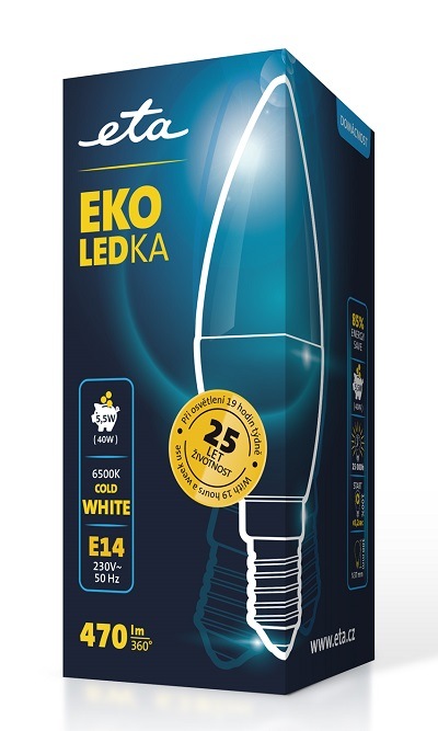 Žiarovka LED ETA EKO sviečka 5,5W, E14, studená biela