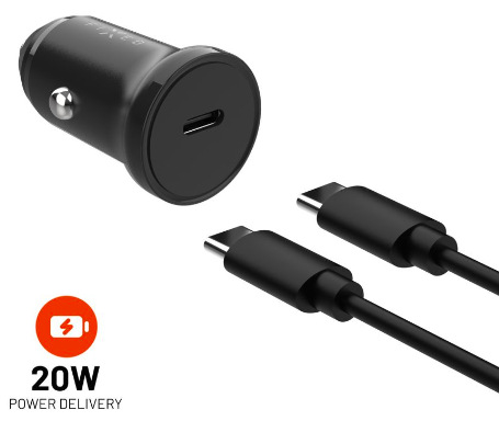 Adaptér do auta FIXED USB-C, PD, 20W + kábel 1m, USB-C/USB-C - čierny