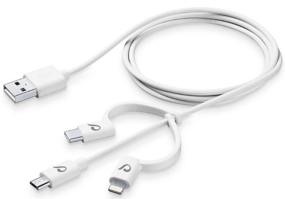 Kábel CellularLine USB/Lightning + Micro USB + USB-C, 1,2 m - biely