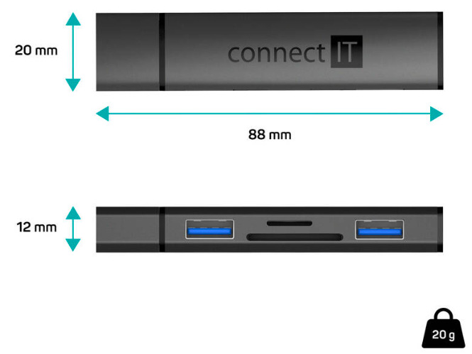 USB Hub Connect IT COMPACT 4v1 USB-A hub + čítačka kariet, USB-A/ 2x USB-A 3.0, 1x SD, 1x MicroSD - antracitová