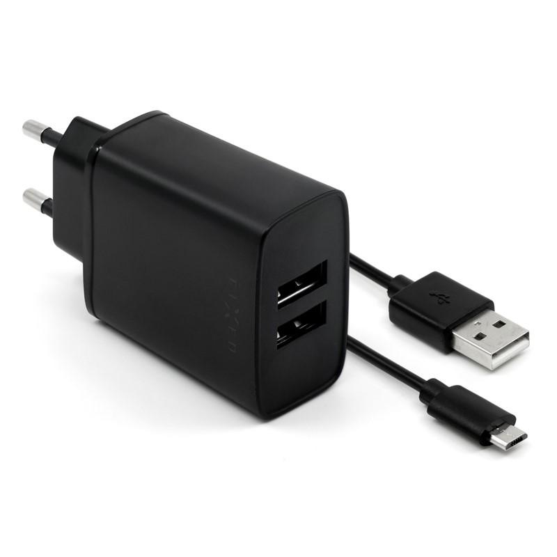 Nabíječka do sítě FIXED 2xUSB, 15W Smart Rapid Charge + micro USB kabel, černá