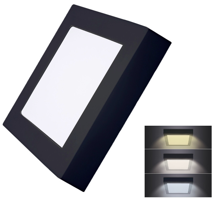 LED mini panel CCT, prisadený, 12W, 900lm, 3000K, 4000K, 6000K, štvorcový, čierna farba